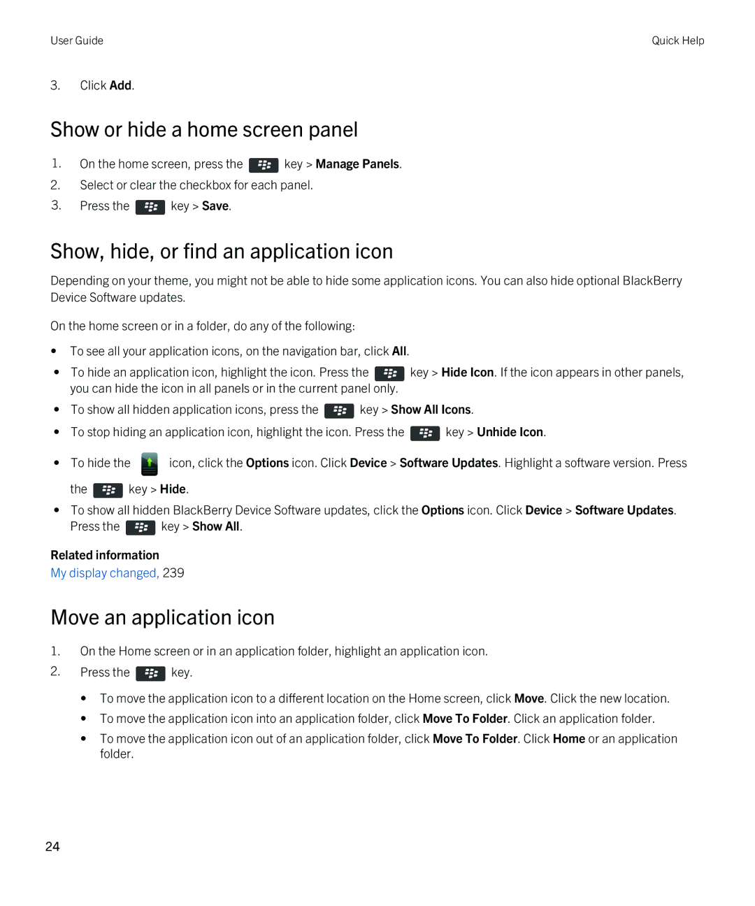 Blackberry 9810 manual Show or hide a home screen panel, Show, hide, or find an application icon, Move an application icon 