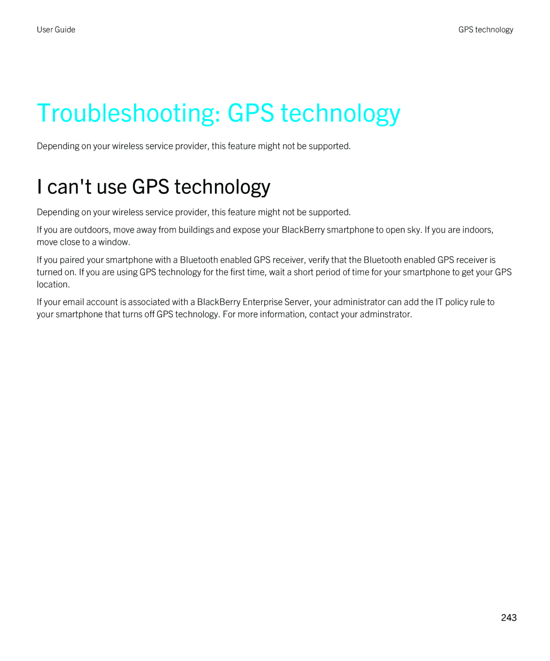 Blackberry 9810 manual Troubleshooting GPS technology, Cant use GPS technology 