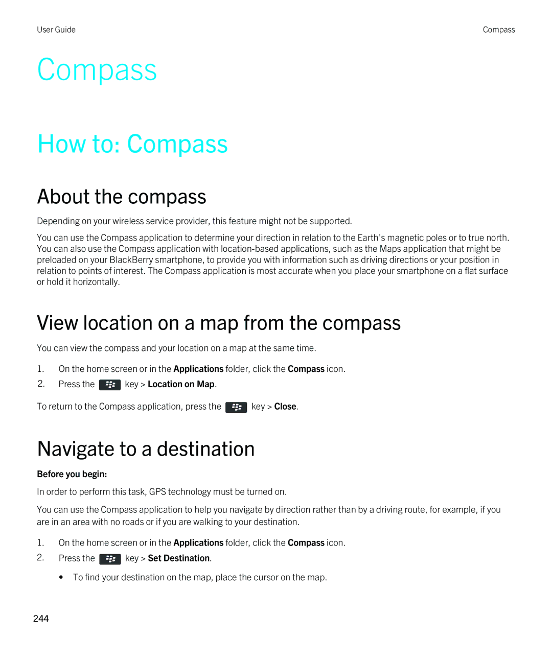 Blackberry 9810 How to Compass, About the compass, View location on a map from the compass, Navigate to a destination 