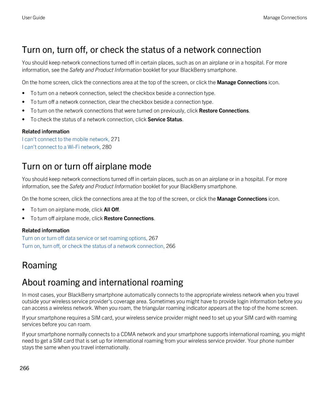 Blackberry 9810 manual Turn on or turn off airplane mode, Roaming About roaming and international roaming 