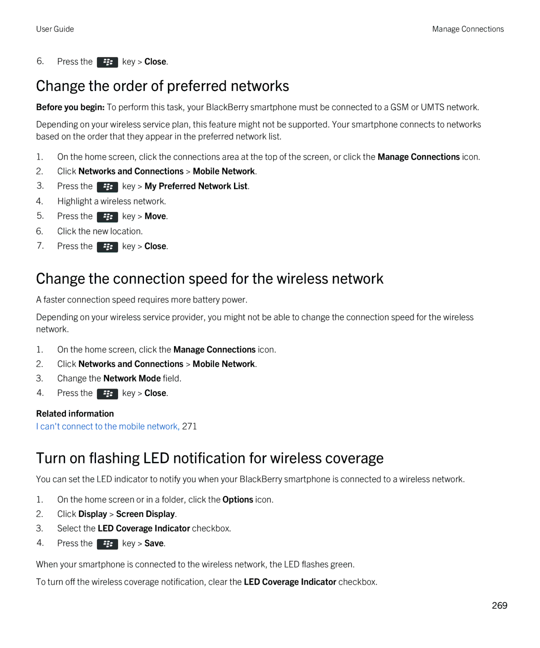 Blackberry 9810 manual Change the order of preferred networks, Change the connection speed for the wireless network 