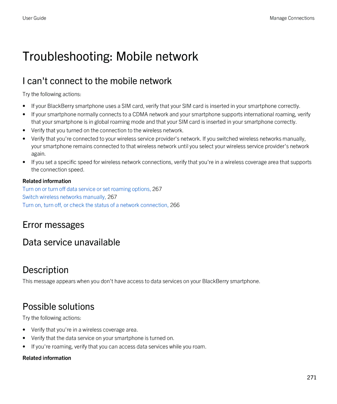 Blackberry 9810 manual Troubleshooting Mobile network, Cant connect to the mobile network, Possible solutions 