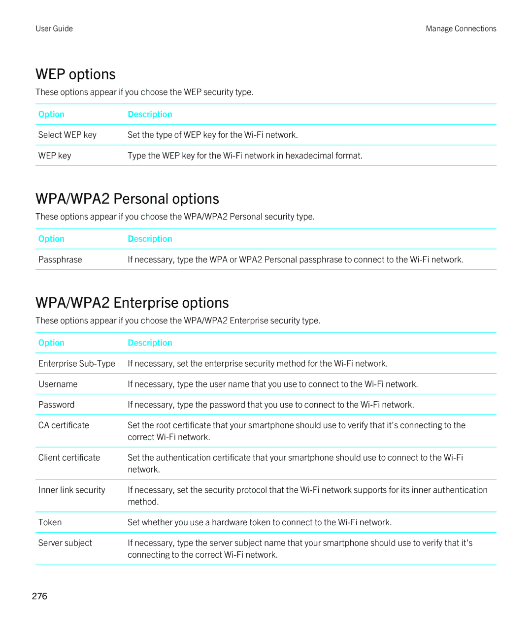 Blackberry 9810 manual WEP options, WPA/WPA2 Personal options, WPA/WPA2 Enterprise options 