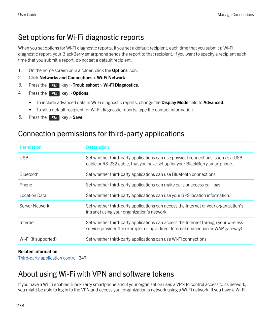 Blackberry 9810 manual Set options for Wi-Fi diagnostic reports, Connection permissions for third-party applications 