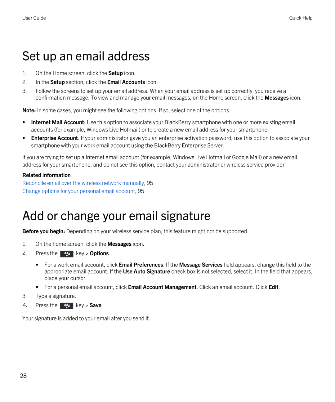 Blackberry 9810 manual Set up an email address, Add or change your email signature 