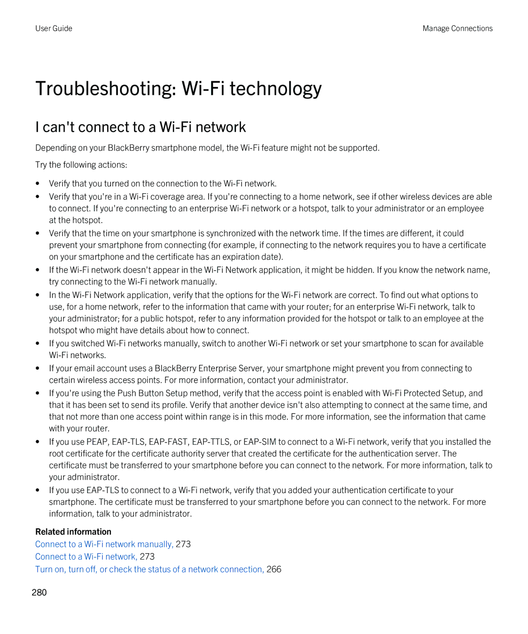 Blackberry 9810 manual Troubleshooting Wi-Fi technology, Cant connect to a Wi-Fi network 