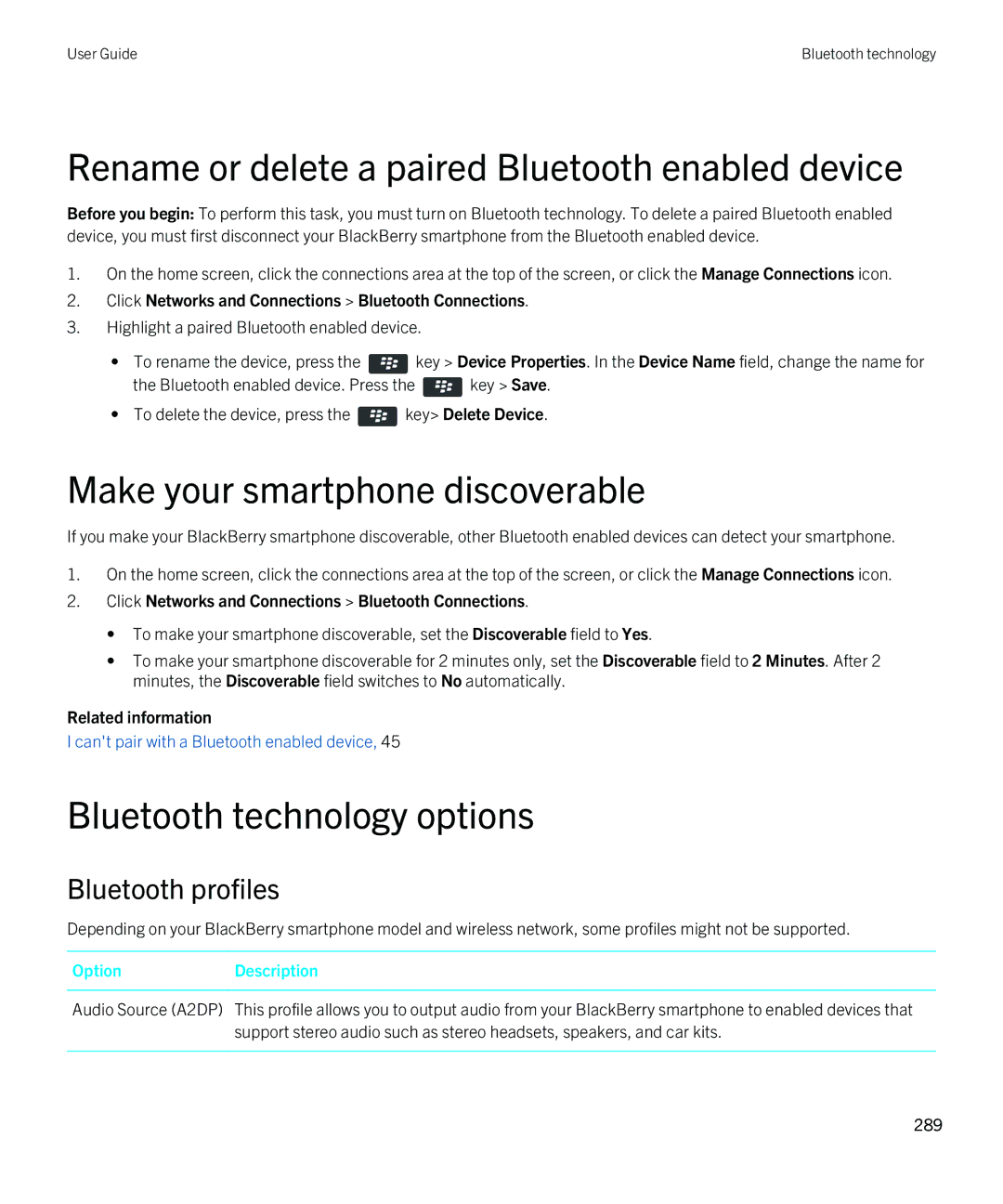 Blackberry 9810 Rename or delete a paired Bluetooth enabled device, Make your smartphone discoverable, Bluetooth profiles 