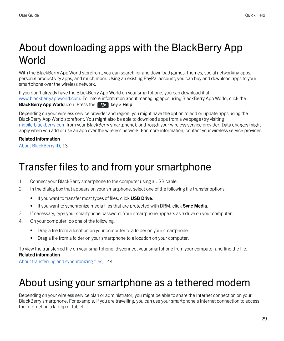 Blackberry 9810 manual About downloading apps with the BlackBerry App World, Transfer files to and from your smartphone 