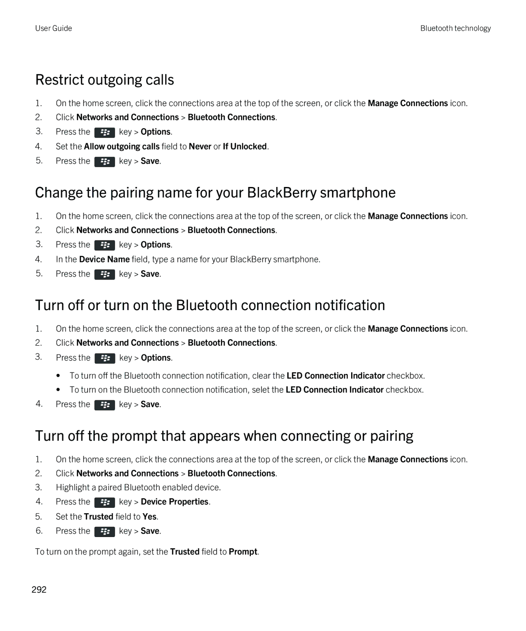 Blackberry 9810 manual Restrict outgoing calls, Change the pairing name for your BlackBerry smartphone 