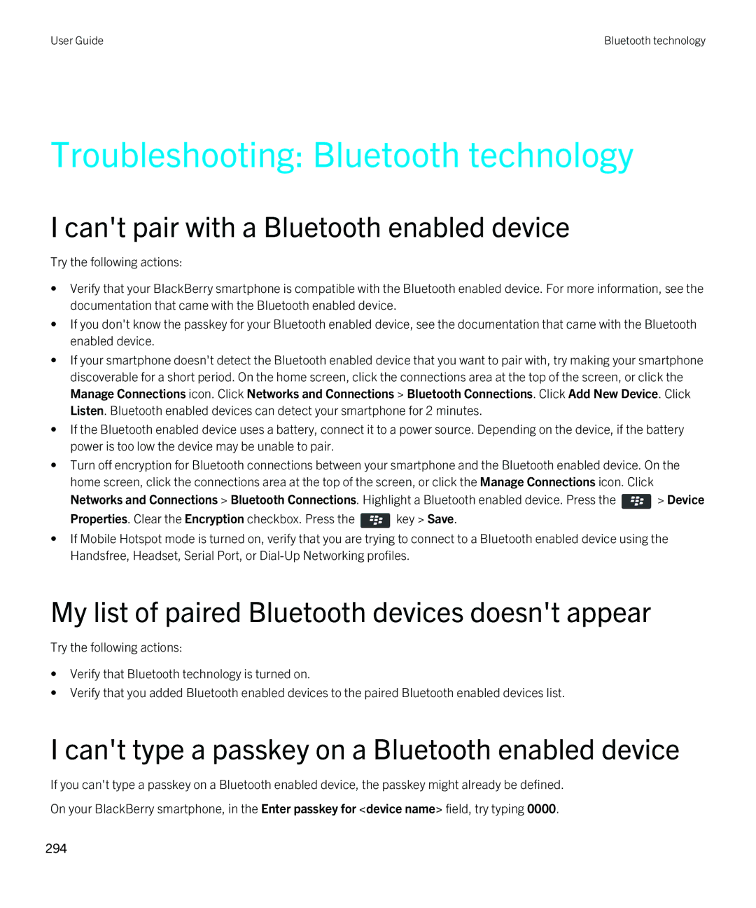 Blackberry 9810 manual Troubleshooting Bluetooth technology, My list of paired Bluetooth devices doesnt appear 