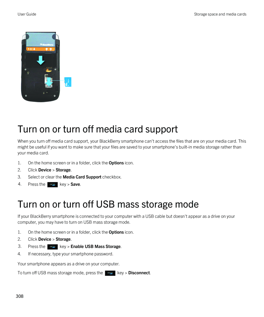 Blackberry 9810 manual Turn on or turn off media card support, Turn on or turn off USB mass storage mode 