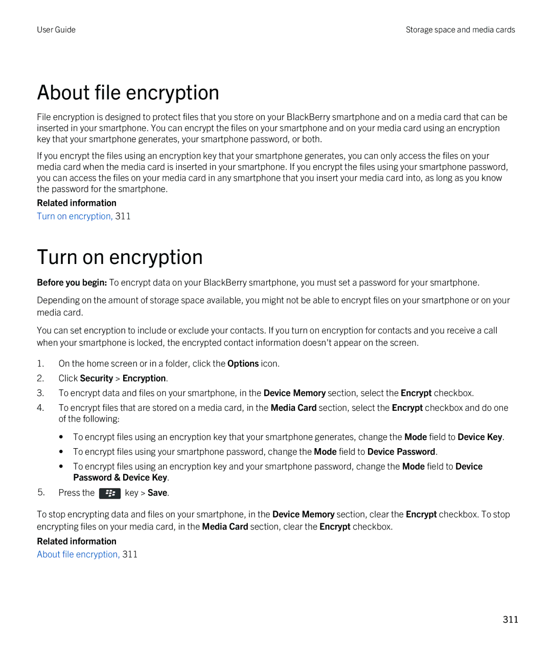 Blackberry 9810 manual About file encryption, Turn on encryption 