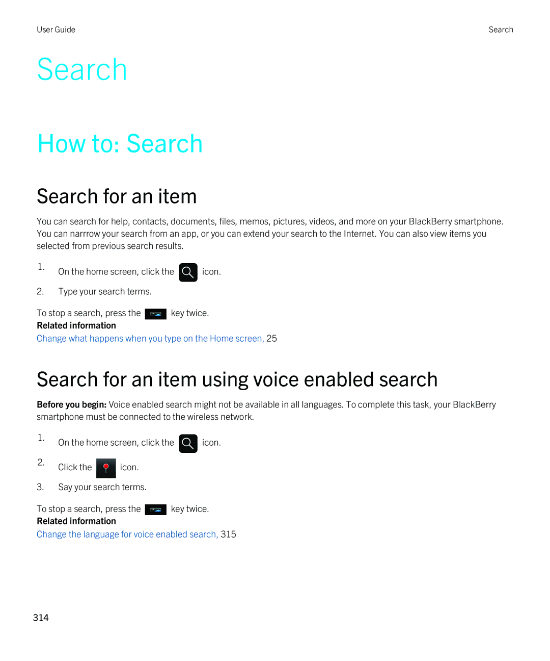 Blackberry 9810 manual How to Search, Search for an item using voice enabled search 