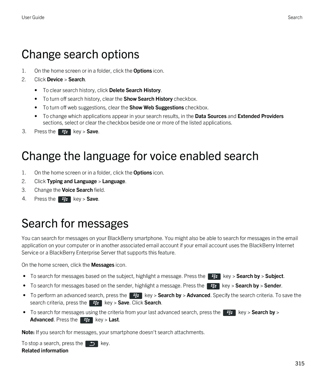 Blackberry 9810 manual Change search options, Change the language for voice enabled search, Click Device Search 