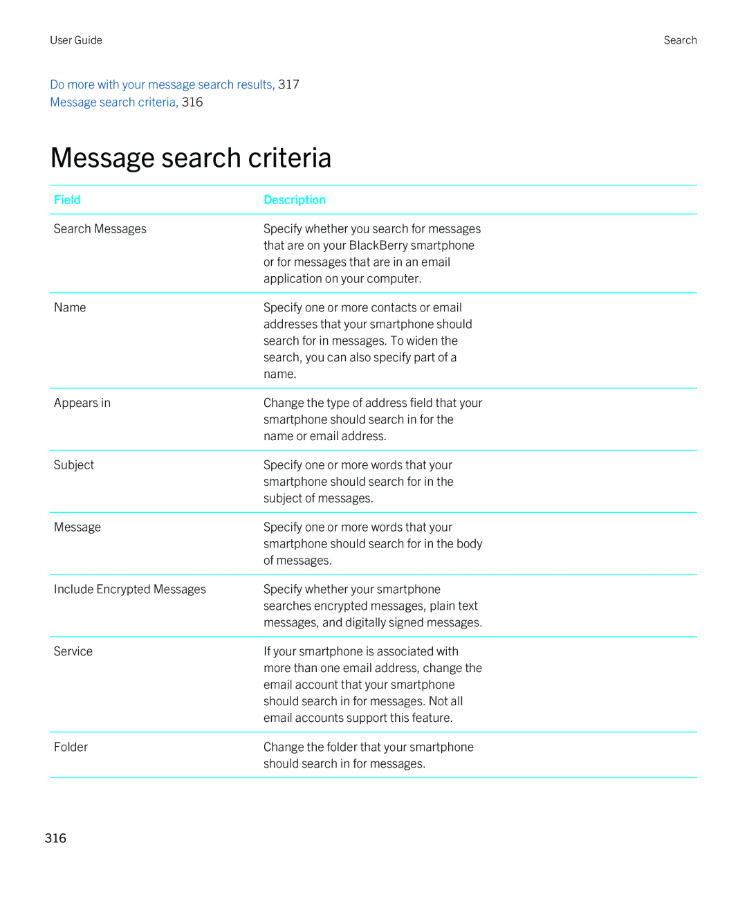 Blackberry 9810 manual Message search criteria, Field Description 