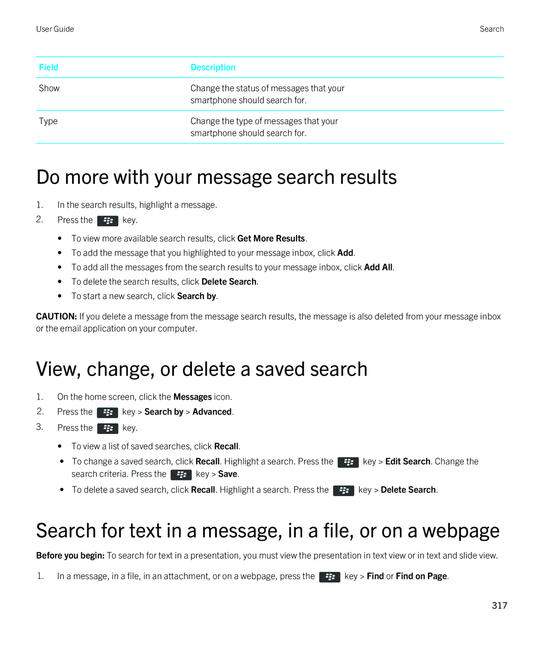 Blackberry 9810 manual Do more with your message search results, View, change, or delete a saved search 