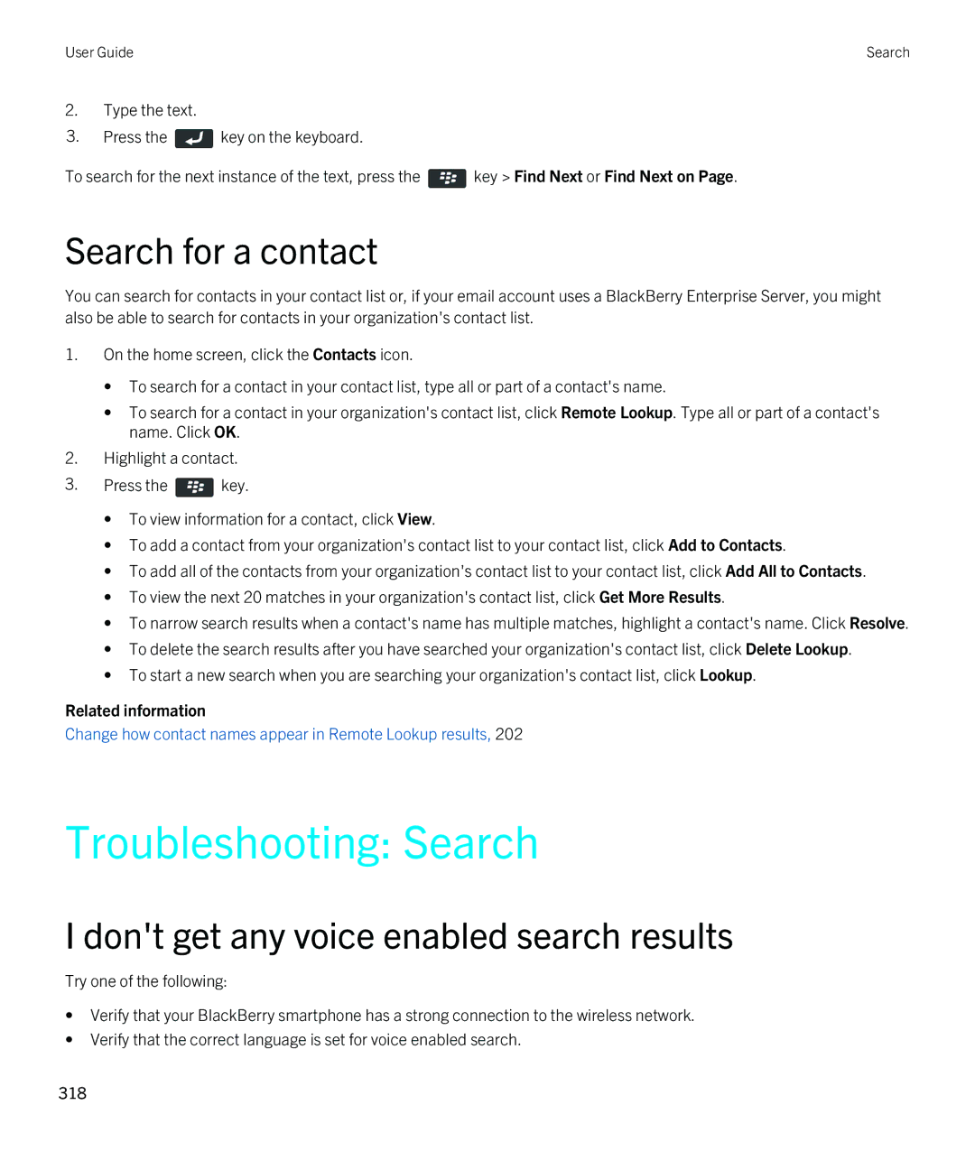 Blackberry 9810 manual Troubleshooting Search, Search for a contact, Dont get any voice enabled search results 