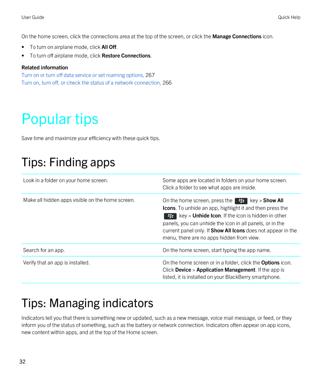Blackberry 9810 manual Popular tips, Tips Finding apps, Tips Managing indicators, Key Show All 
