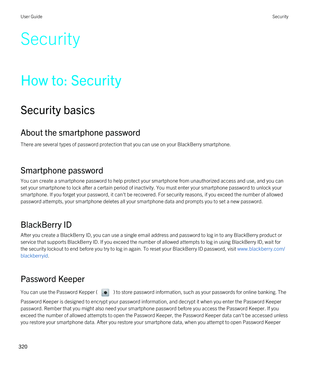 Blackberry 9810 manual How to Security, Security basics 