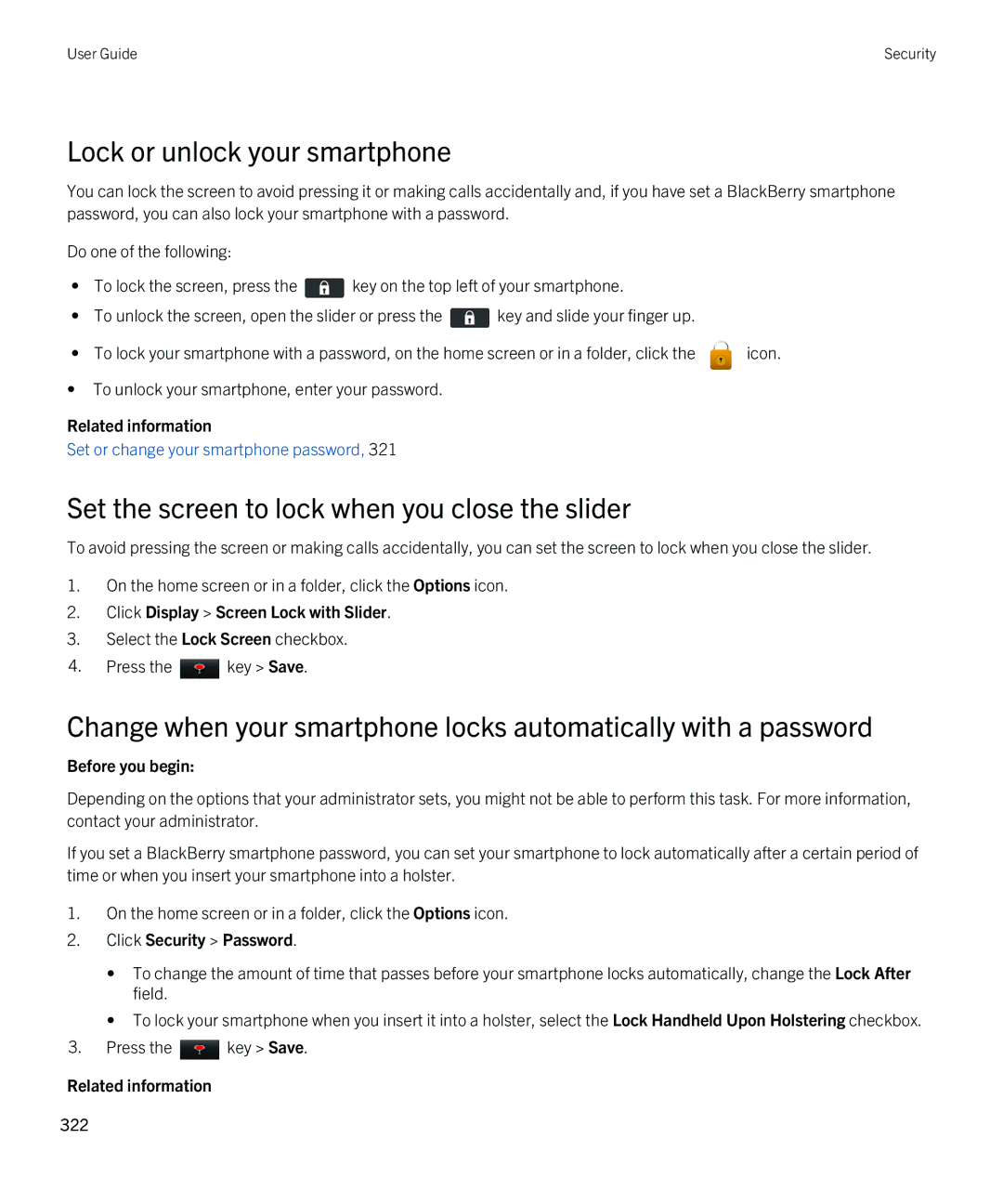 Blackberry 9810 manual Lock or unlock your smartphone, Set the screen to lock when you close the slider 