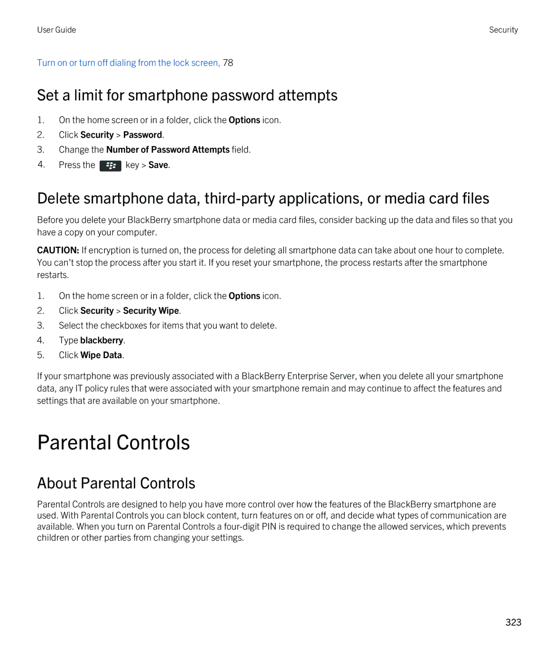 Blackberry 9810 Set a limit for smartphone password attempts, About Parental Controls, Click Security Security Wipe 