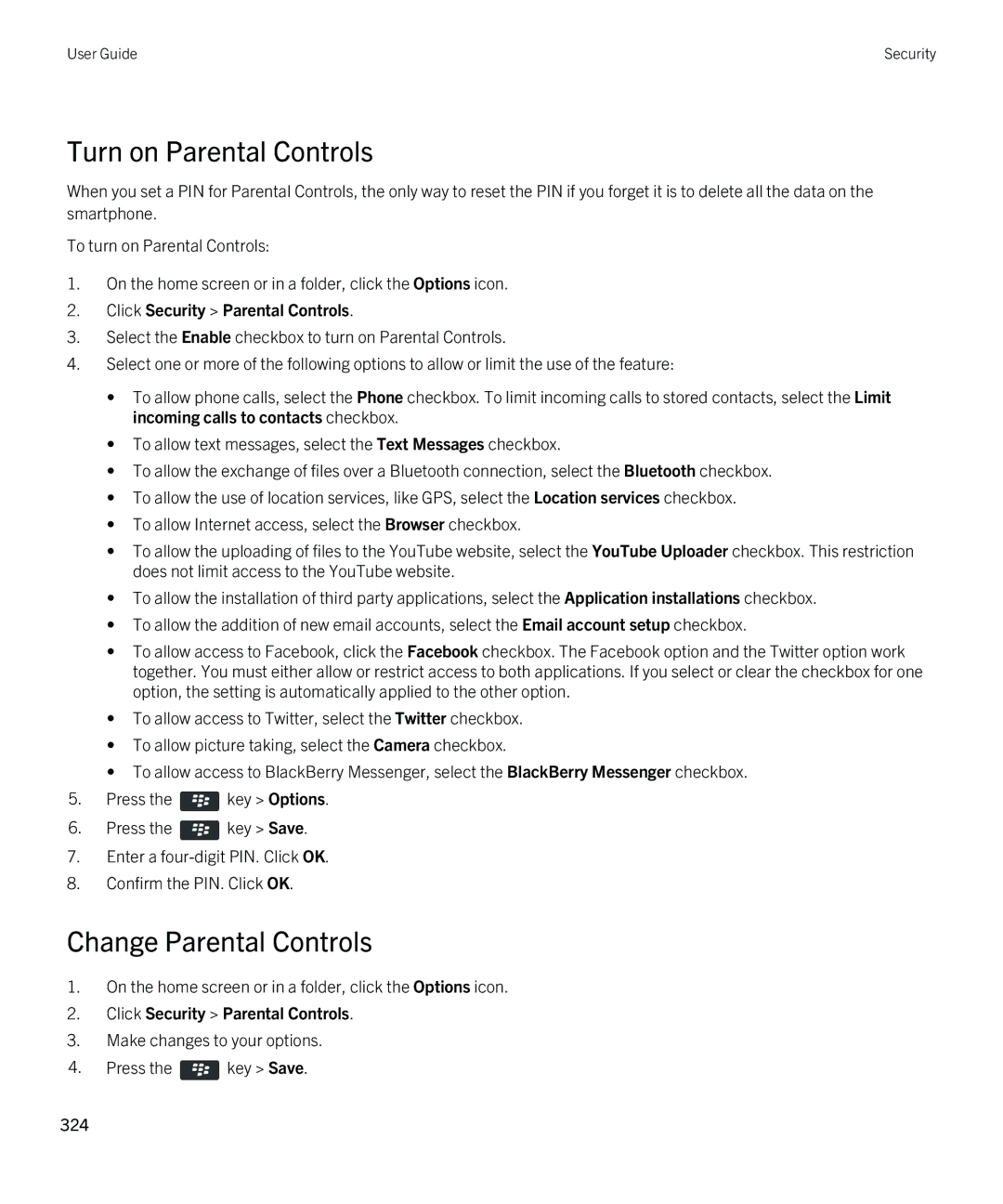 Blackberry 9810 manual Turn on Parental Controls, Change Parental Controls, Click Security Parental Controls 