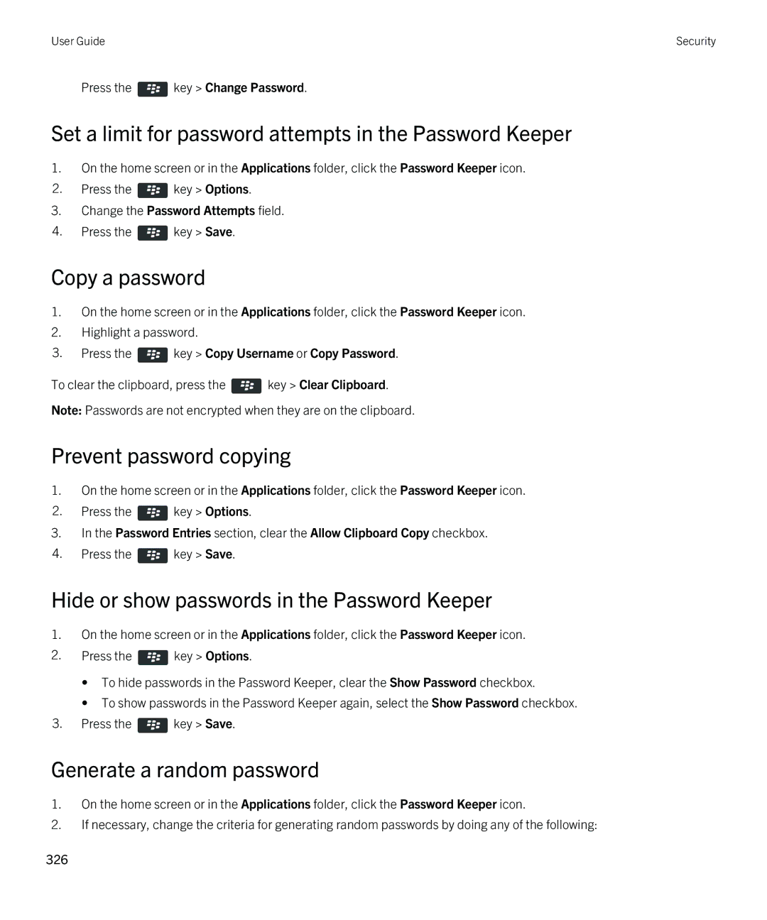 Blackberry 9810 manual Set a limit for password attempts in the Password Keeper, Copy a password, Prevent password copying 