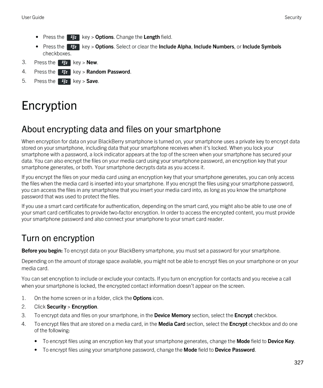 Blackberry 9810 manual Encryption, About encrypting data and files on your smartphone, Turn on encryption 