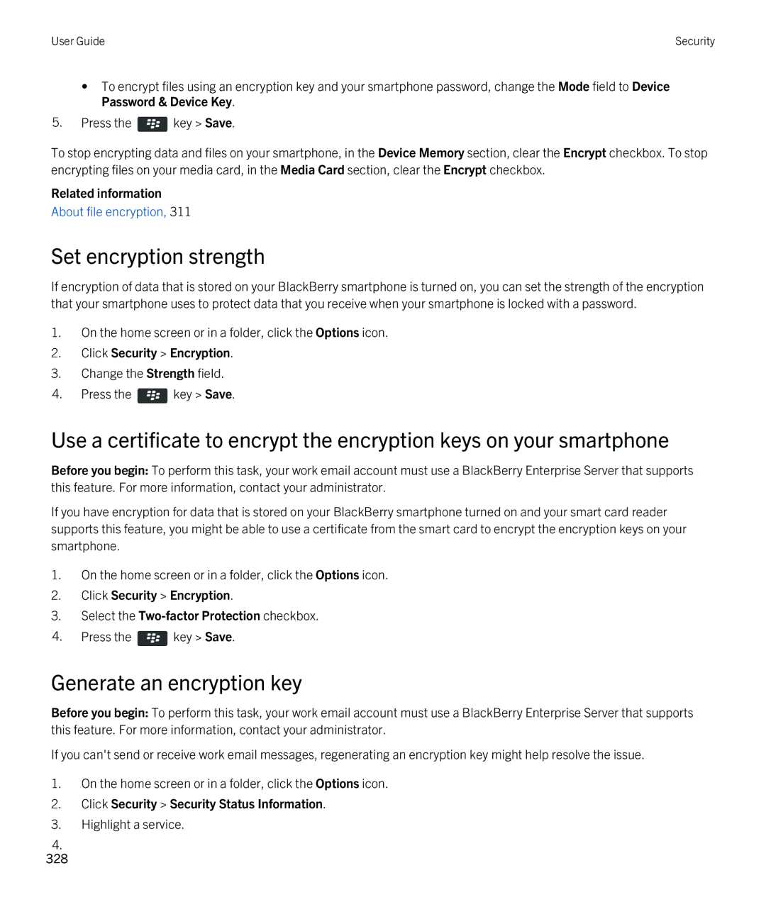 Blackberry 9810 manual Set encryption strength, Generate an encryption key, Click Security Security Status Information 