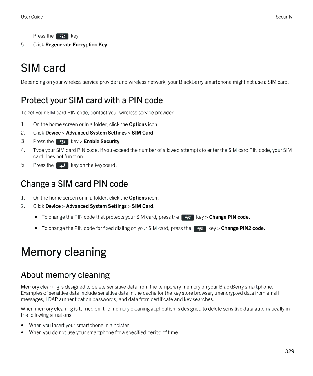 Blackberry 9810 manual Memory cleaning, Protect your SIM card with a PIN code, Change a SIM card PIN code 