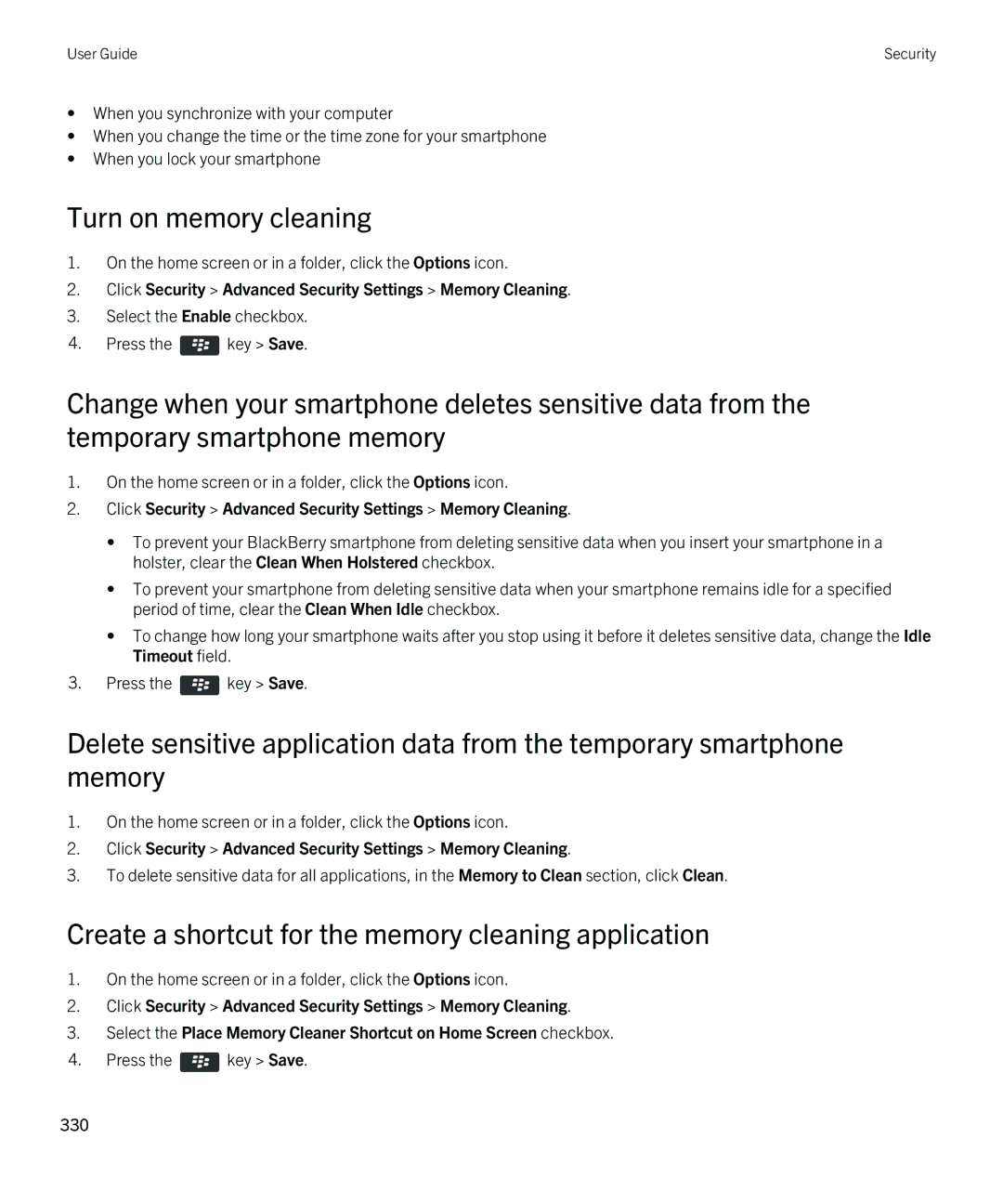 Blackberry 9810 manual Turn on memory cleaning, Create a shortcut for the memory cleaning application 