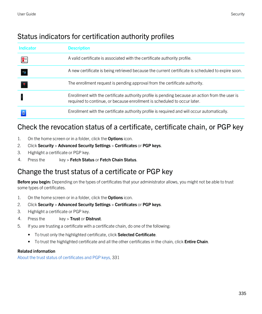 Blackberry 9810 Status indicators for certification authority profiles, Press the key Fetch Status or Fetch Chain Status 