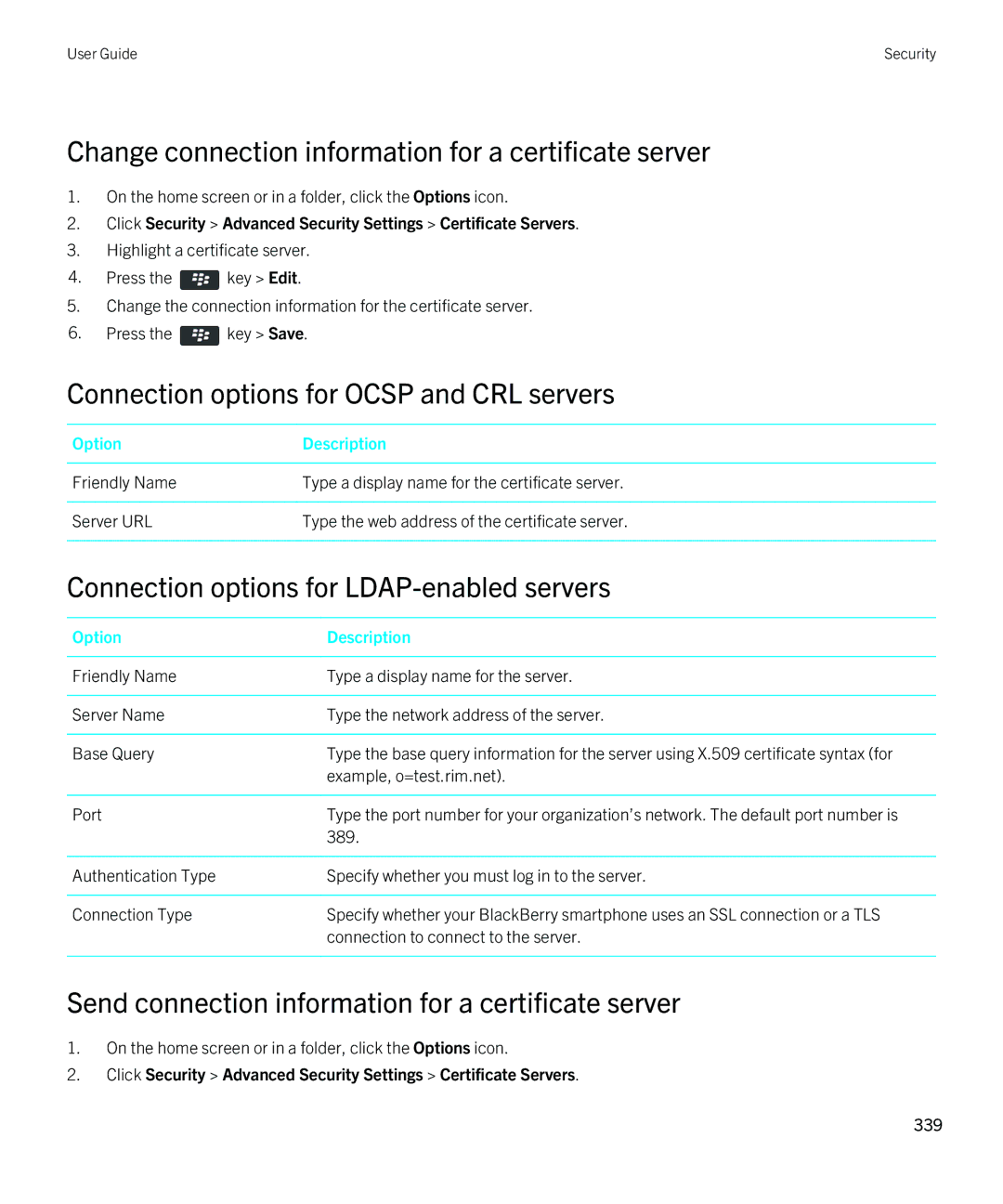 Blackberry 9810 manual Change connection information for a certificate server, Connection options for Ocsp and CRL servers 