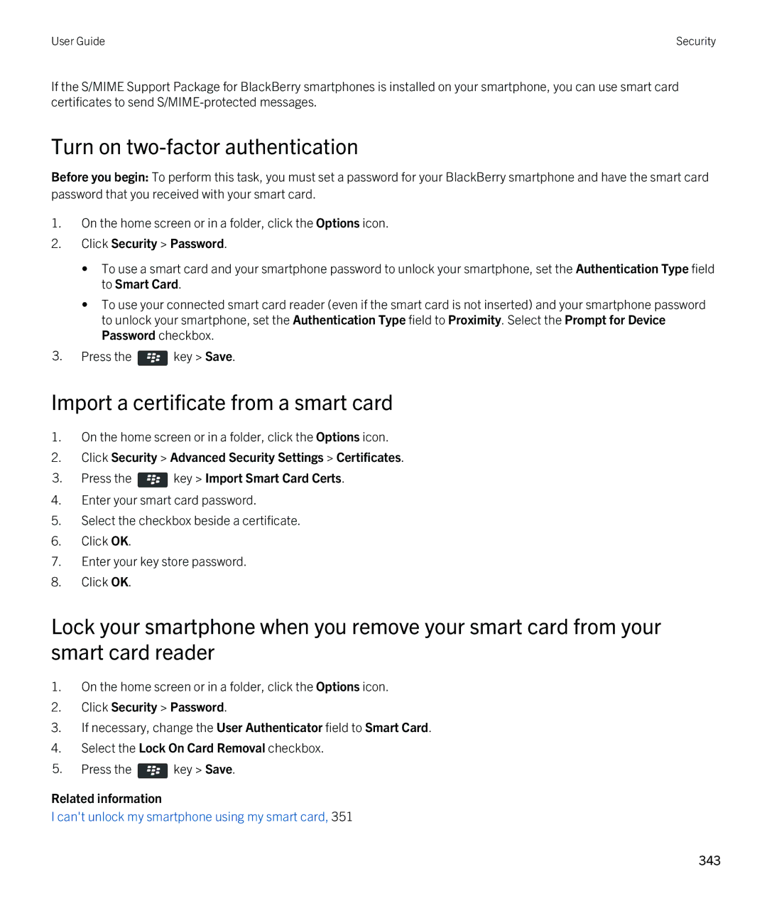 Blackberry 9810 manual Turn on two-factor authentication, Import a certificate from a smart card 