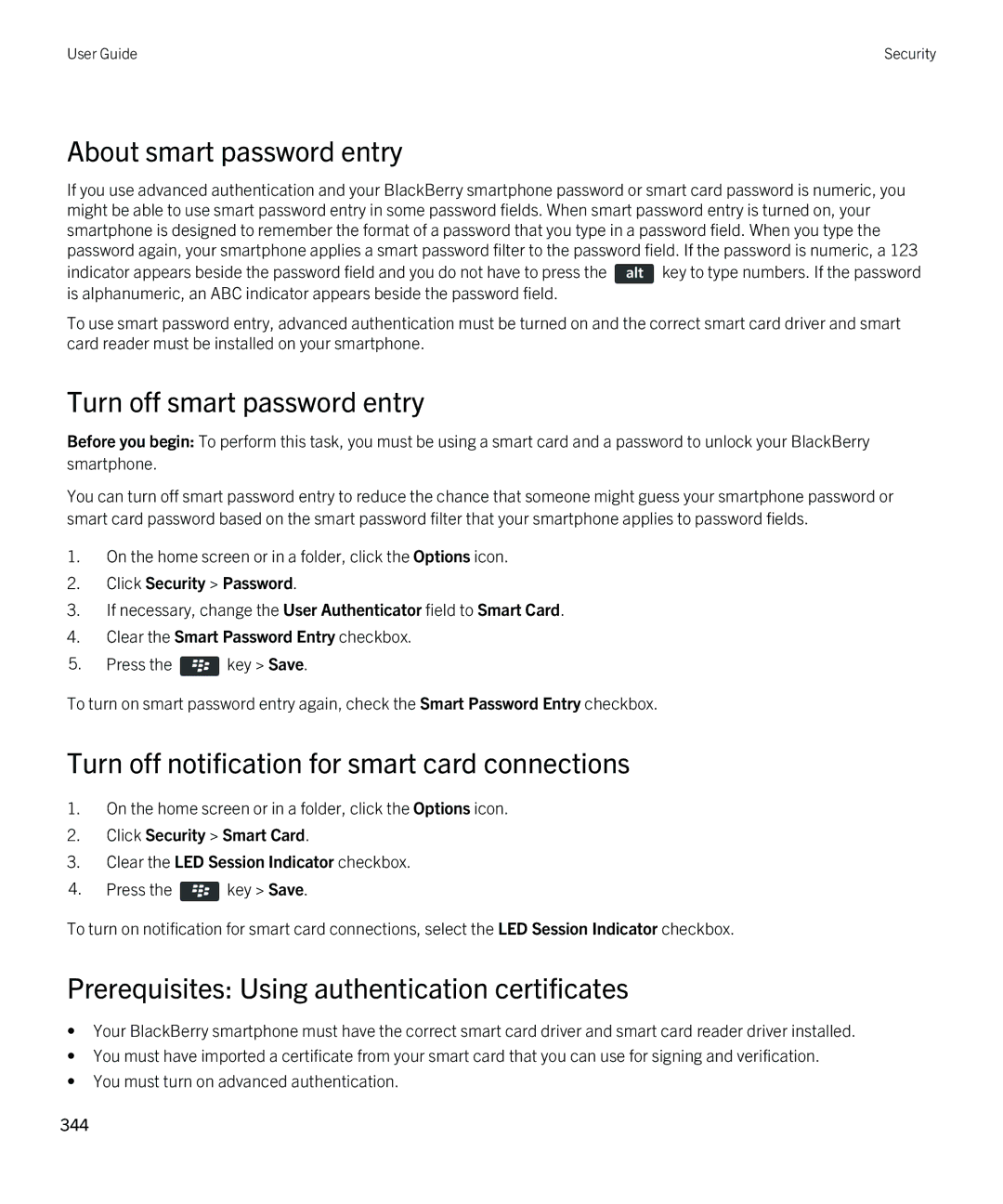 Blackberry 9810 About smart password entry, Turn off smart password entry, Prerequisites Using authentication certificates 