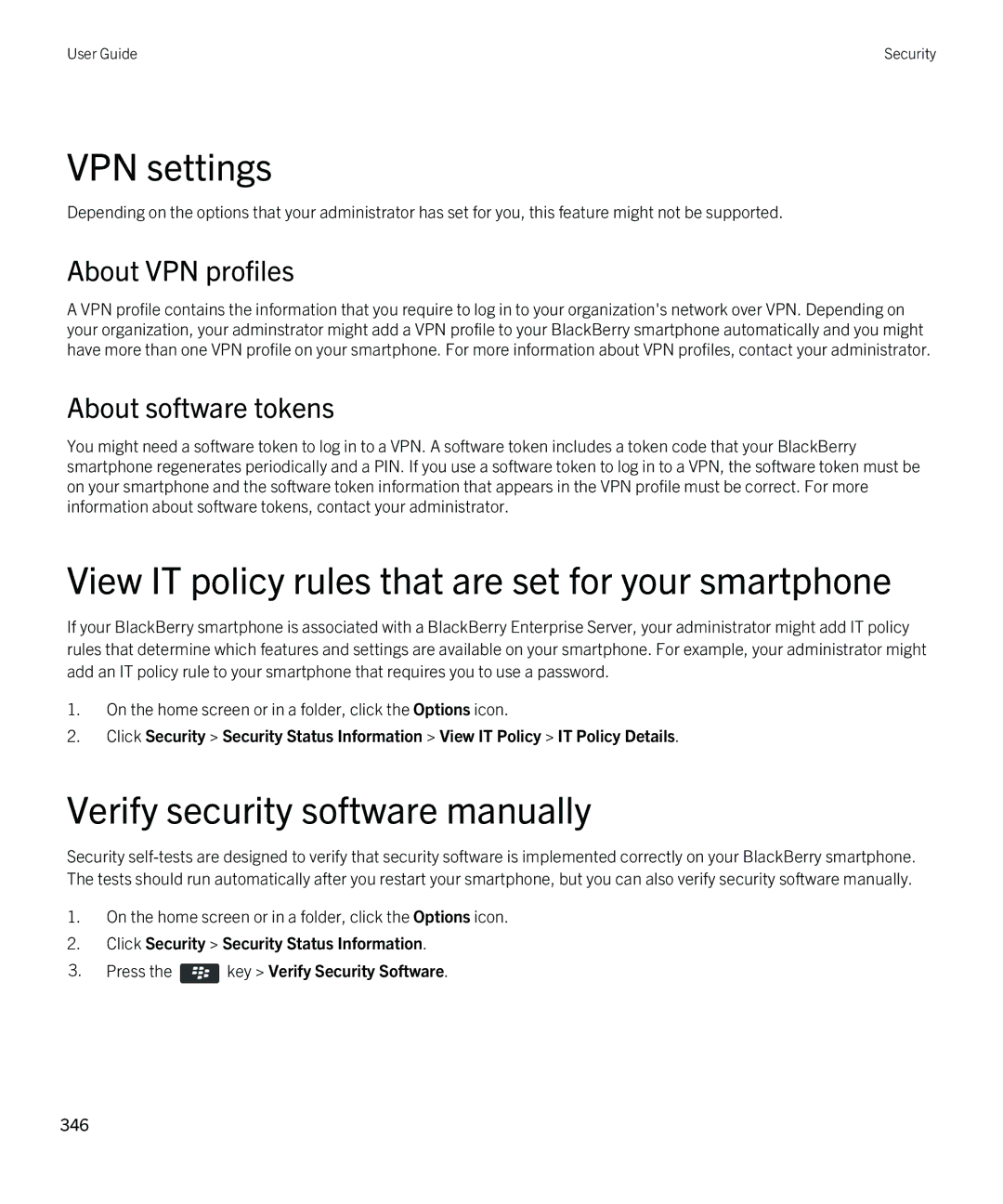 Blackberry 9810 VPN settings, View IT policy rules that are set for your smartphone, Verify security software manually 