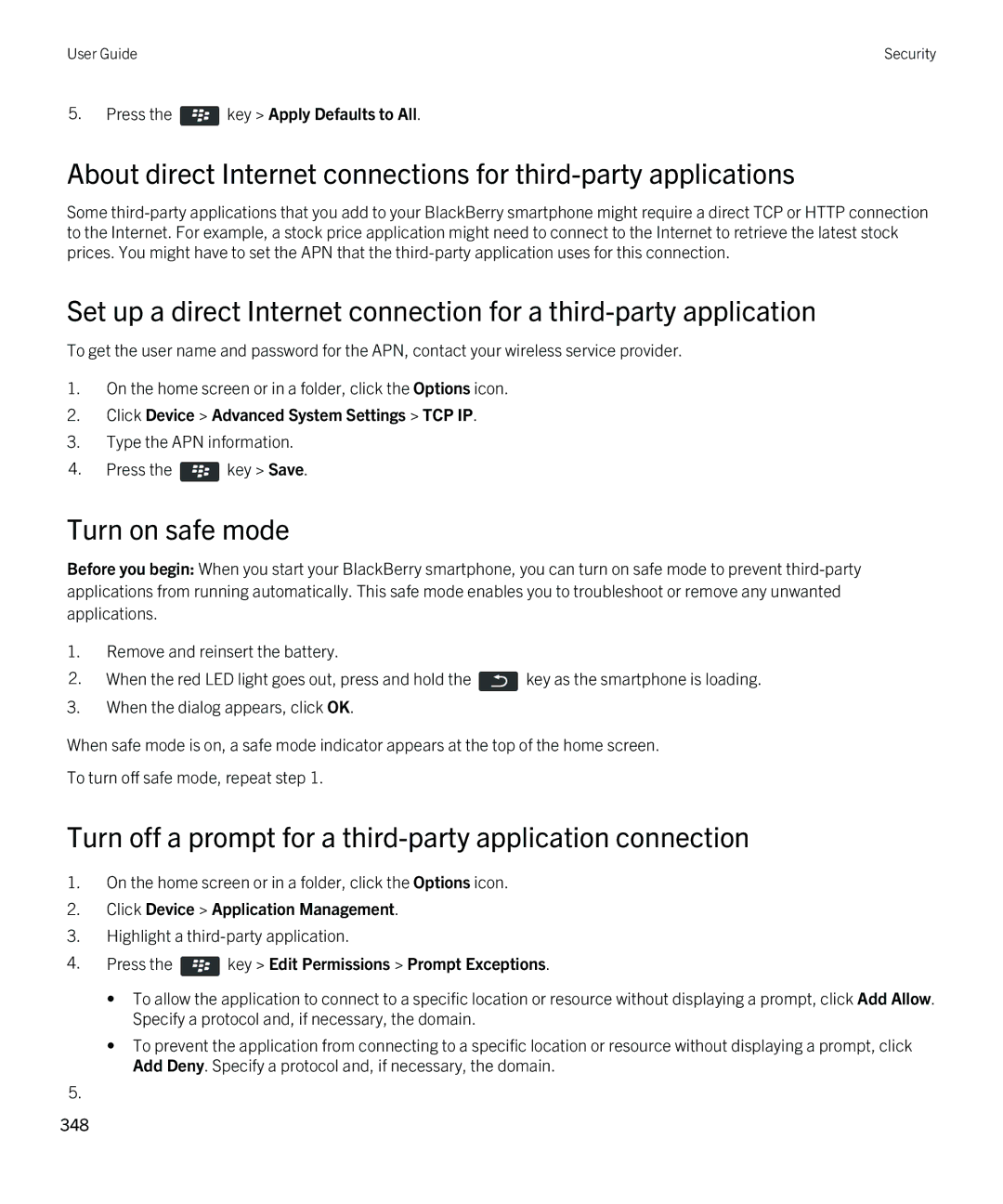 Blackberry 9810 manual Turn on safe mode, Turn off a prompt for a third-party application connection 