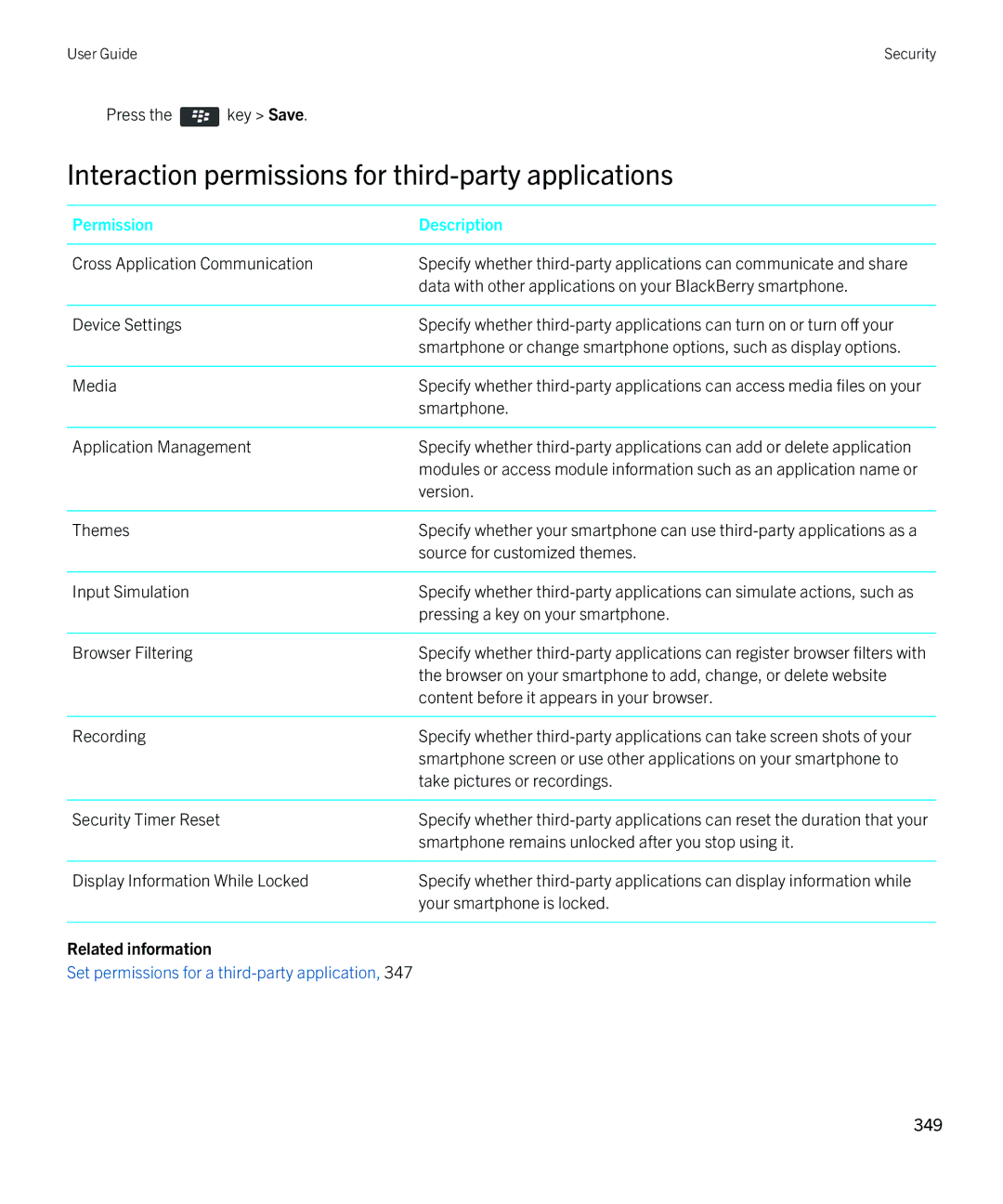 Blackberry 9810 manual Interaction permissions for third-party applications, Application Management 