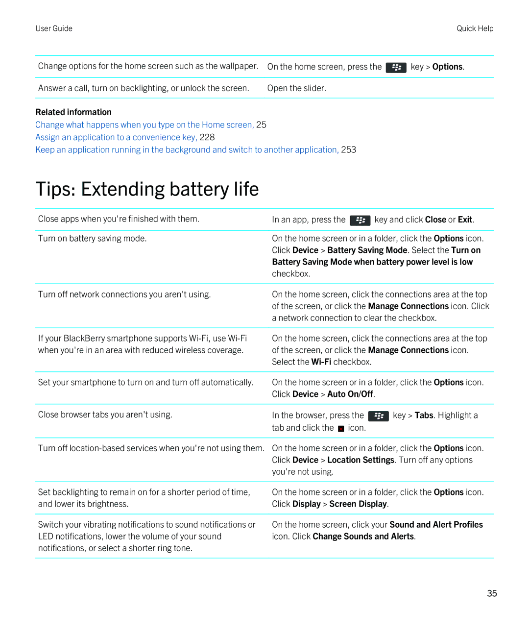 Blackberry 9810 manual Tips Extending battery life, Battery Saving Mode when battery power level is low 