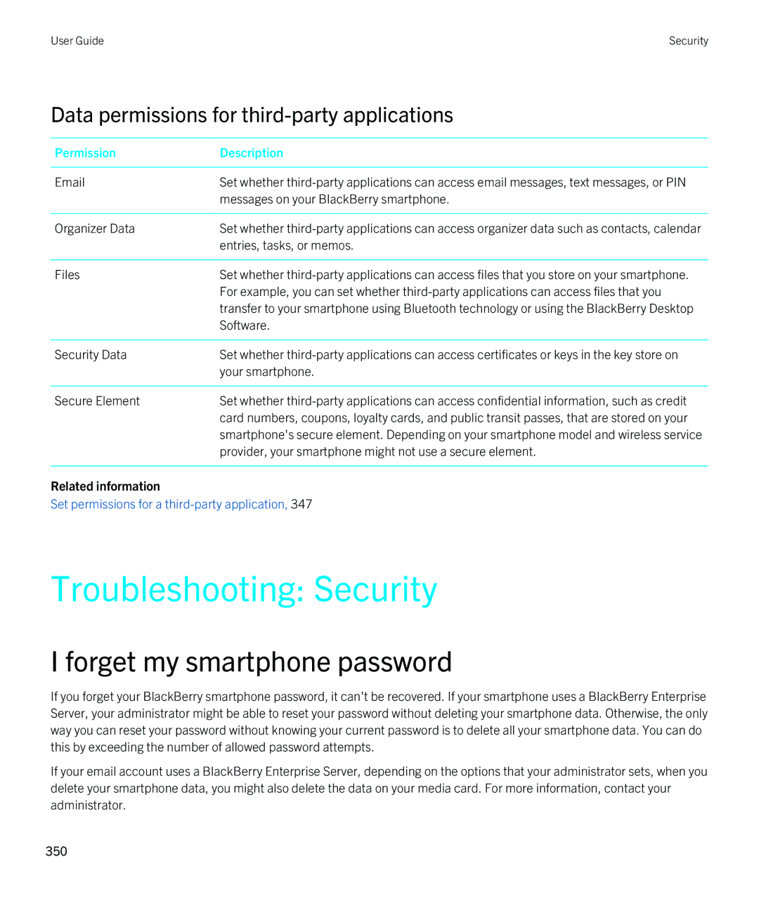 Blackberry 9810 manual Troubleshooting Security, Data permissions for third-party applications 