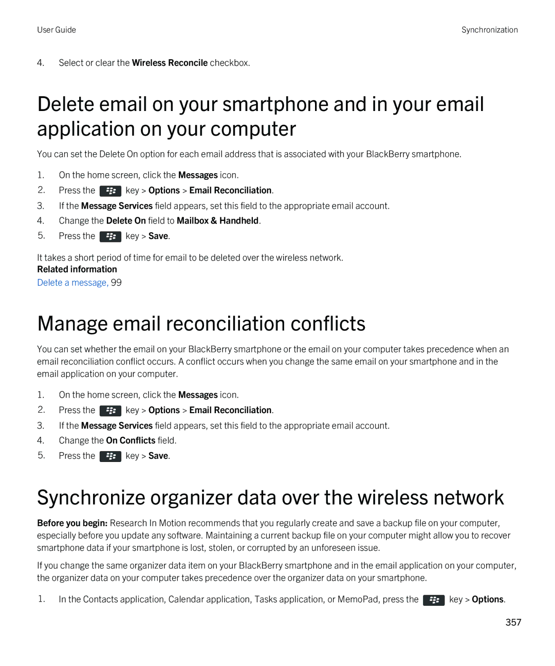 Blackberry 9810 manual Manage email reconciliation conflicts, Change the Delete On field to Mailbox & Handheld 