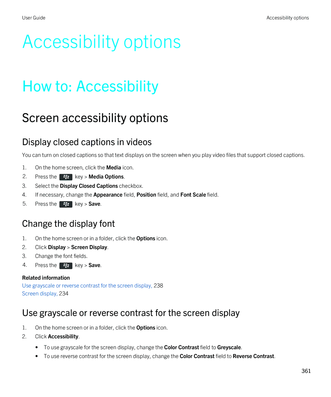 Blackberry 9810 manual Accessibility options, How to Accessibility, Screen accessibility options, Change the display font 