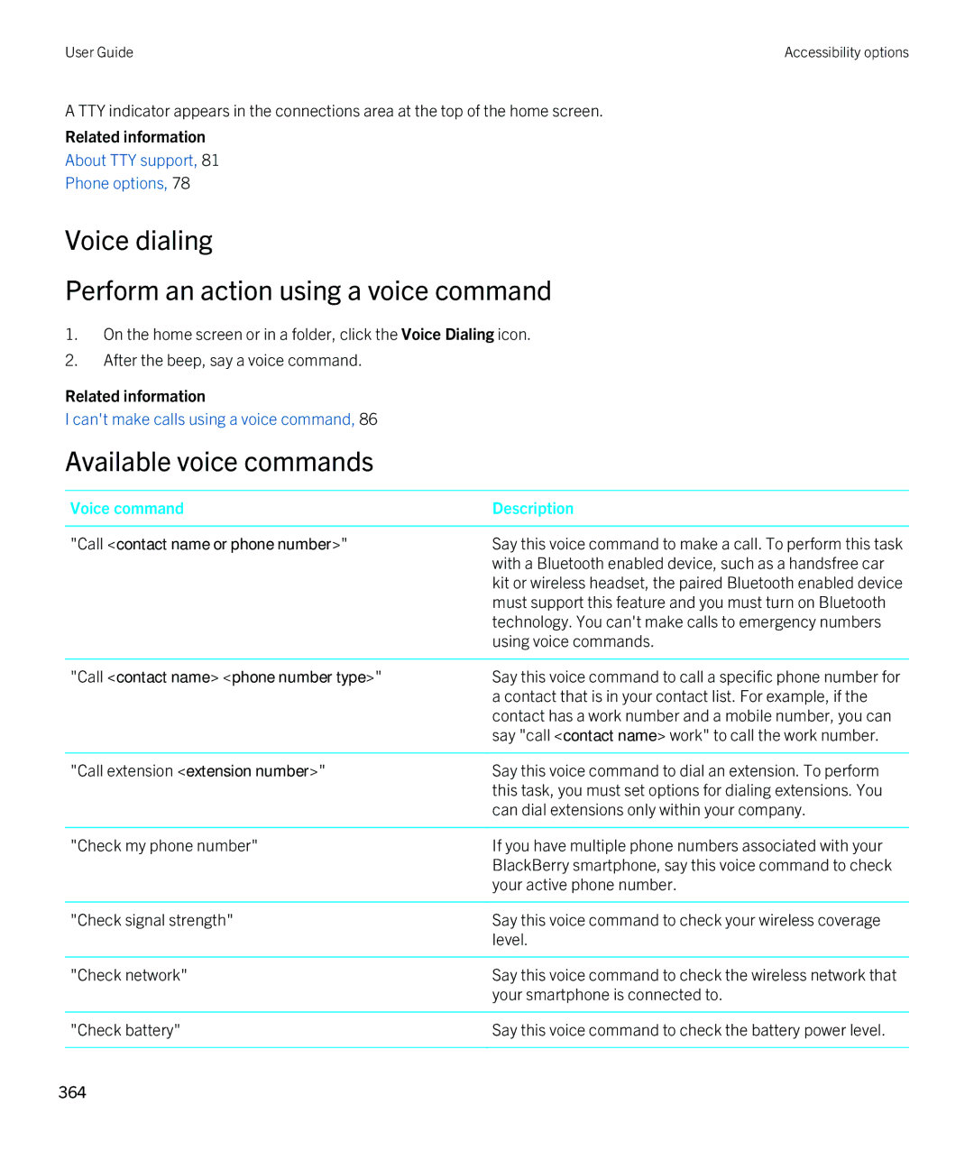 Blackberry 9810 manual Voice dialing Perform an action using a voice command, Available voice commands 