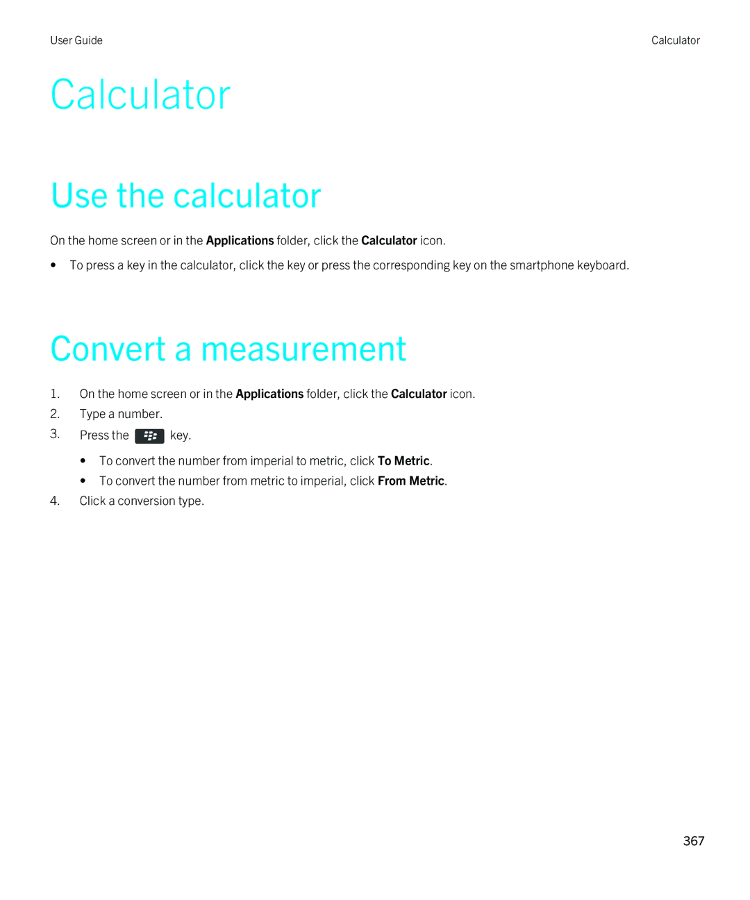 Blackberry 9810 manual Calculator, Use the calculator, Convert a measurement 