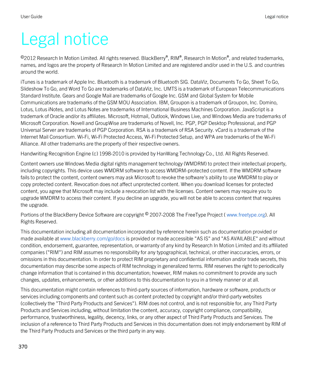 Blackberry 9810 manual Legal notice 