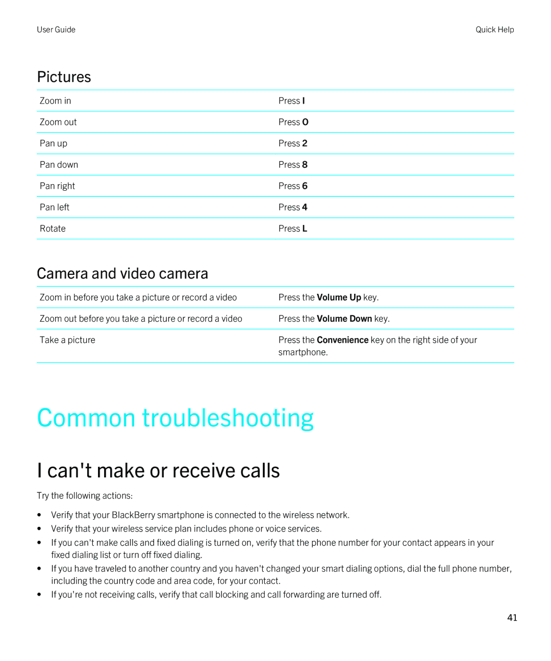 Blackberry 9810 manual Common troubleshooting, Cant make or receive calls, Pictures, Camera and video camera 