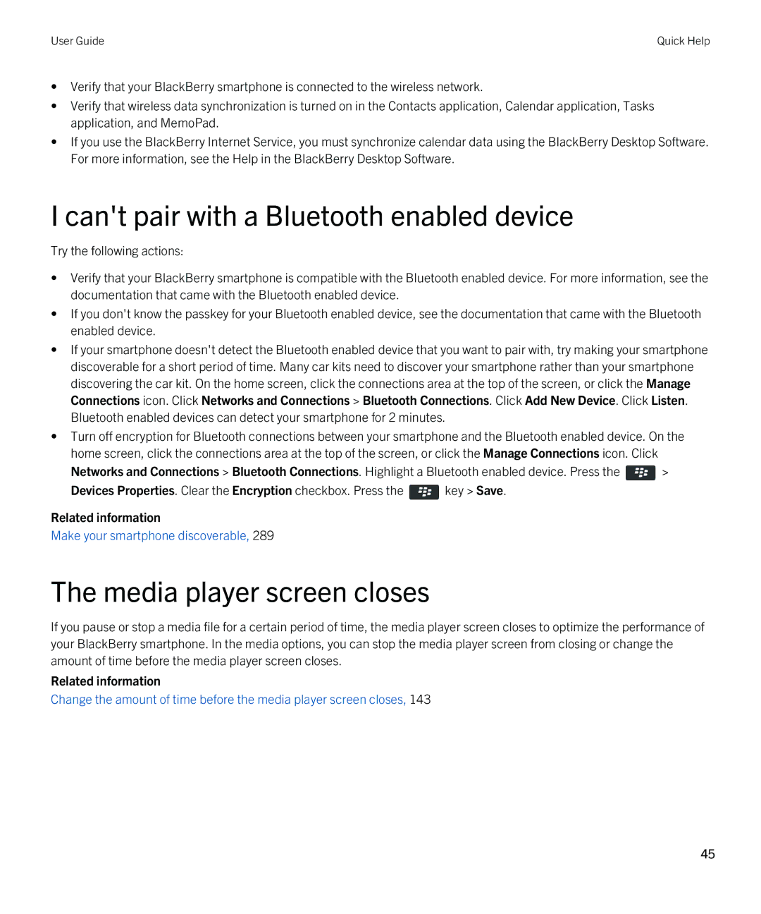 Blackberry 9810 manual Cant pair with a Bluetooth enabled device, Media player screen closes 