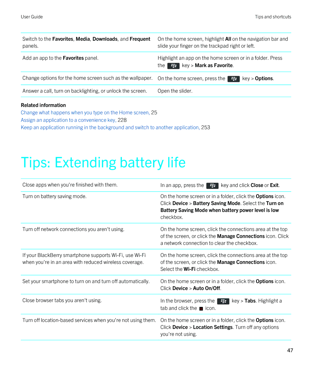 Blackberry 9810 manual Tips Extending battery life, Key Mark as Favorite 