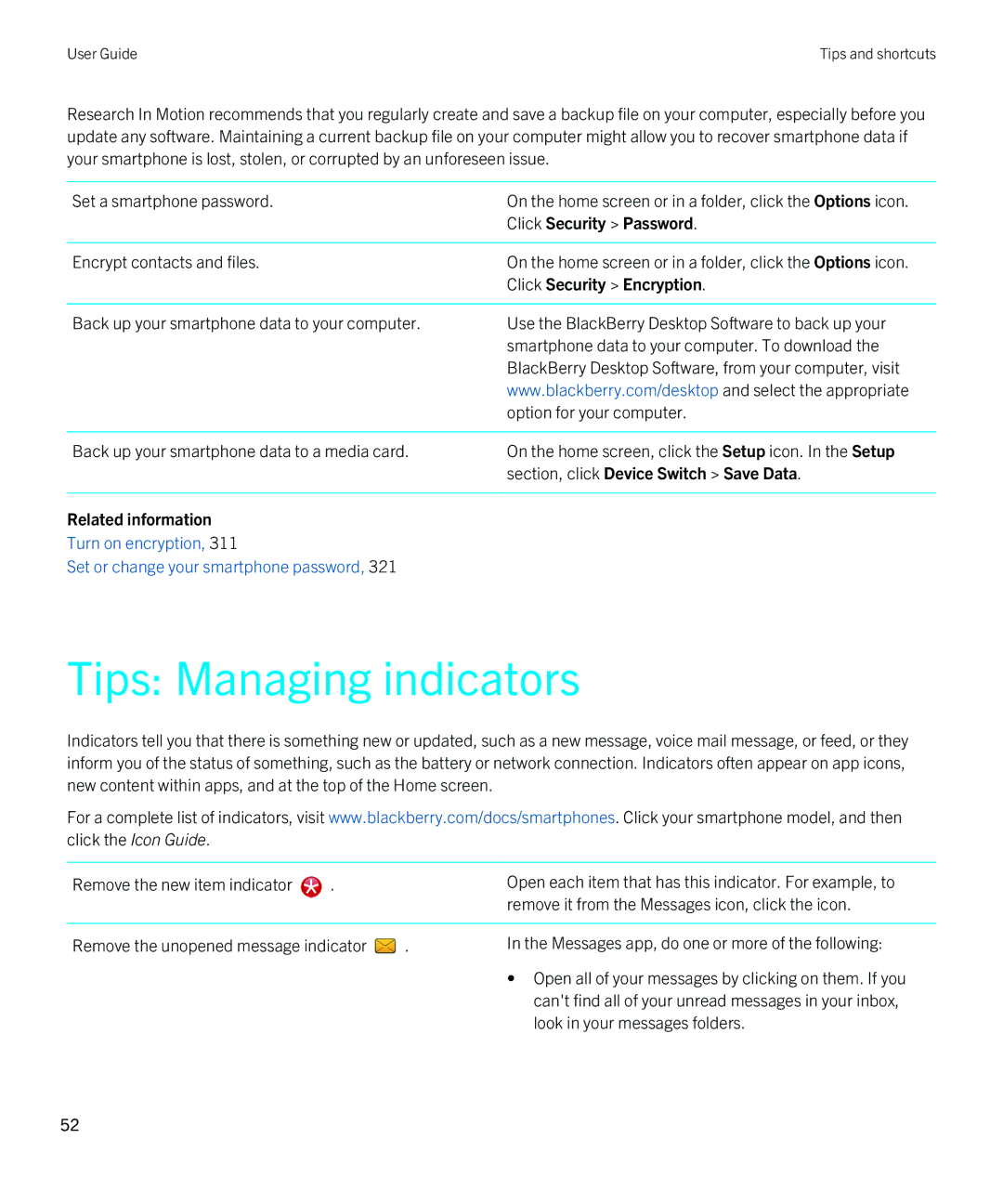 Blackberry 9810 manual Tips Managing indicators, Click Security Password 