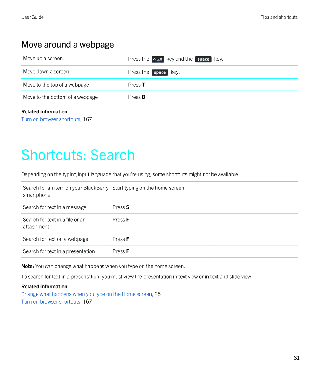 Blackberry 9810 manual Shortcuts Search, Move around a webpage 